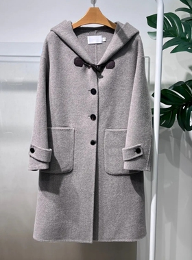 MM麦麦2025秋冬新款连帽牛角扣绵羊毛双面呢毛呢大衣女5GA170551