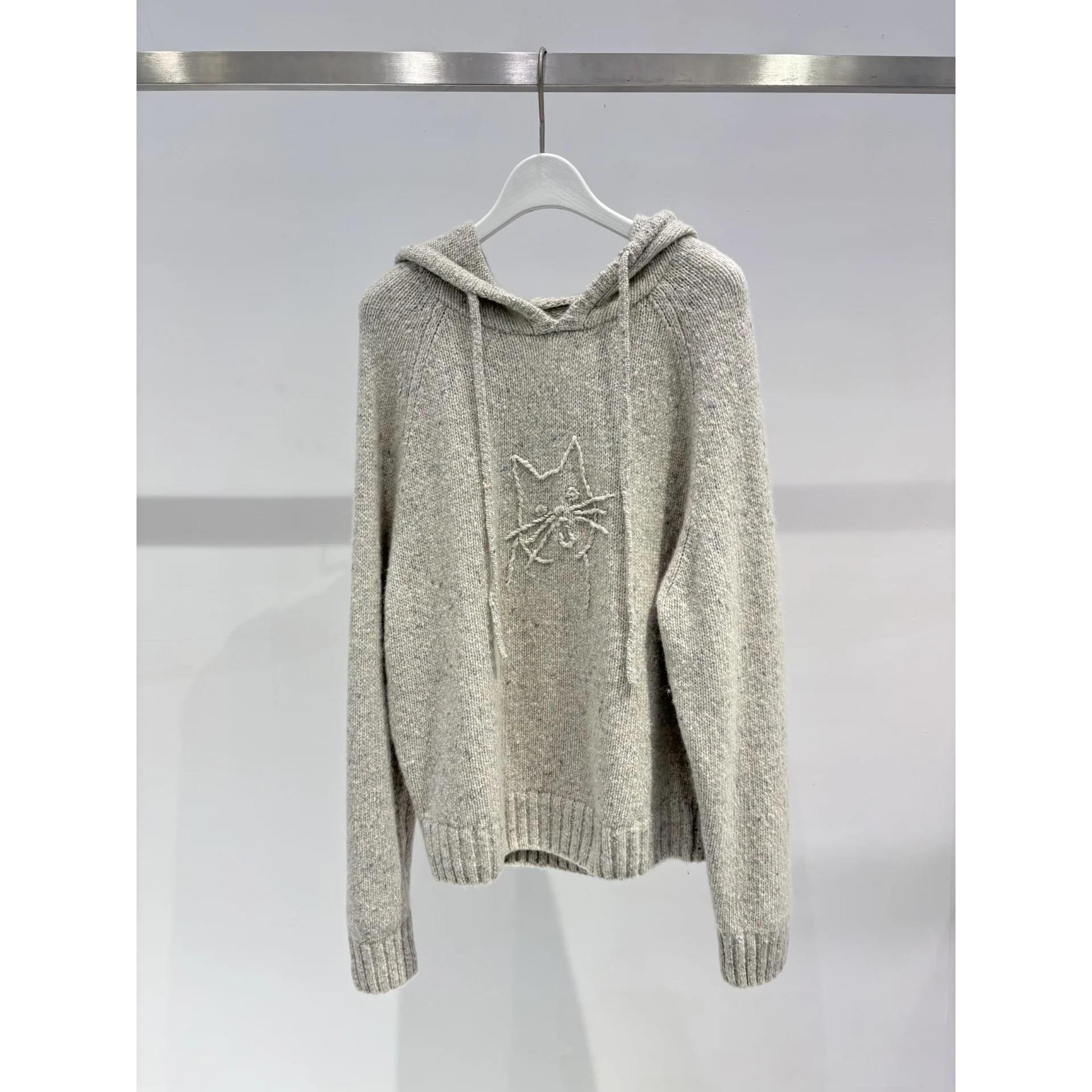 绵羊毛灰色连帽休闲针织衫女上衣