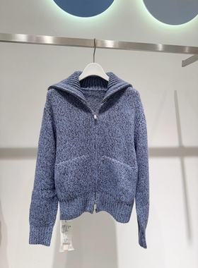 MM麦麦2025秋冬新款蓝色绵羊毛翻领针织开衫毛衣女上衣4GA133441