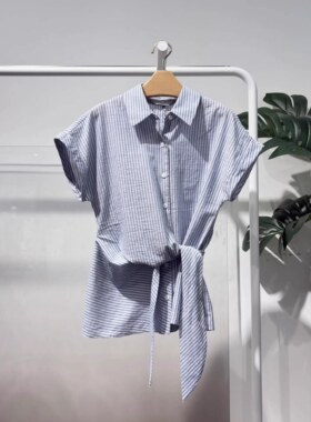 MM麦麦26夏季新款女装蓝白条纹短袖衬衫翻领百搭上衣5H4220431