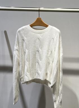 MM麦麦2025秋冬新款软糯圆领麻花套头针织衫白色毛衣女4FA135471