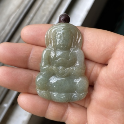 C03天然翡翠玉观音吊坠挂件 缅甸A货冰糯种浅油青绿色 玉石男款