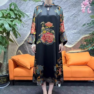 60姆米100分桑蚕丝香云纱重锻皮子黑底牡丹花连衣裙
