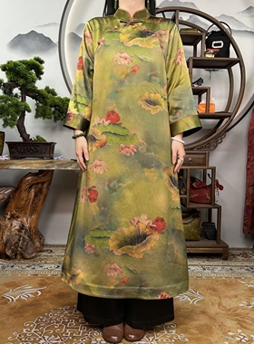 60姆米绿色荷塘月色美菱襟连衣裙100桑蚕丝