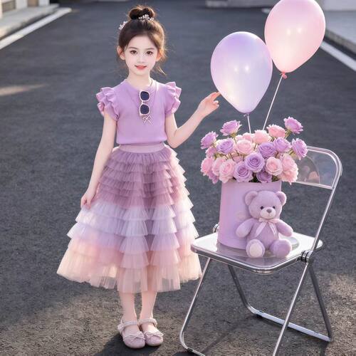 2026新款女童裙子夏季儿童装女孩彩虹蛋糕裙女大童夏装洋气套装薄