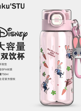 迪士尼可爱便携户外塑料水杯子夏日女孩男孩大容量儿童吸管杯双饮