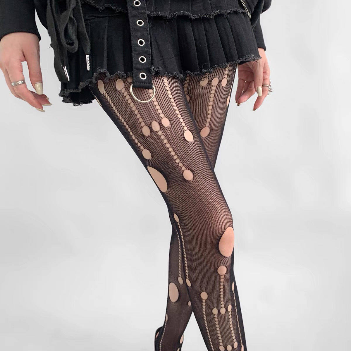 夏性感时尚破洞袜裤黑色镂空洞洞连裤袜女薄款防勾丝渔网袜黑丝袜