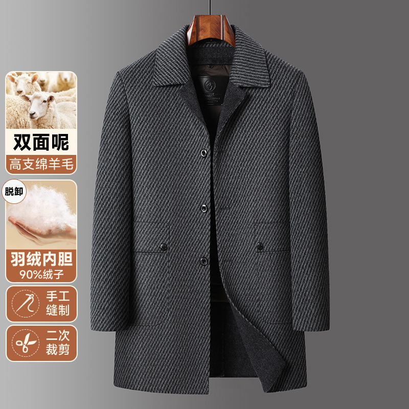 秋冬新款男士双面呢大衣商务休闲翻领可脱卸羽绒内胆羊毛呢大衣