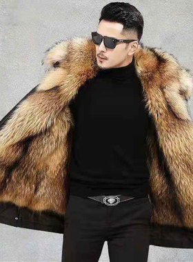 冬季男派克服可拆卸大衣外套仿狐狸毛内胆仿皮草中长款貂皮毛一体
