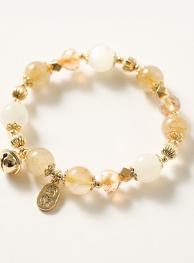 手链流行铃铛金发晶白月光水晶手链招财纳福牌镀14K真金菱形珠子