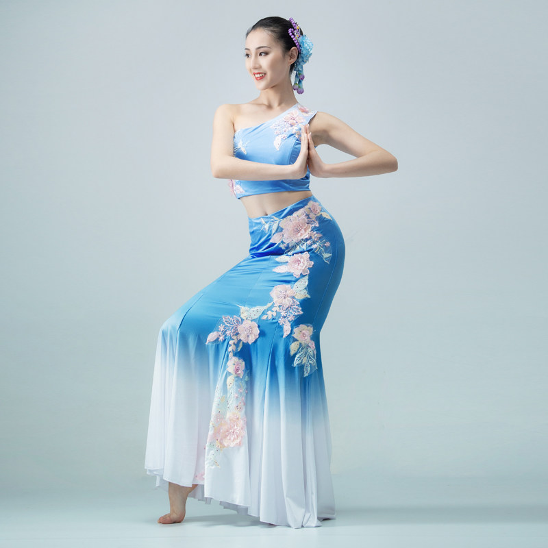 新款高弹力孔雀舞蹈服装花儿傣族演出服民族舞表演服艺考鱼尾裙