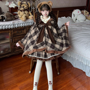 焦糖可可秋冬格子毛毛边百搭斗蓬lolita连衣裙连帽毛呢披风外套