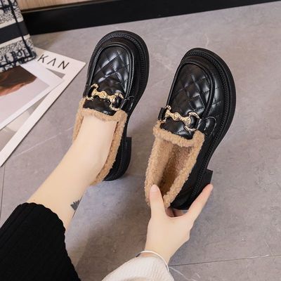 真皮乐福鞋女2022秋冬新款英伦风平底豆豆鞋加绒加厚毛毛鞋单鞋女