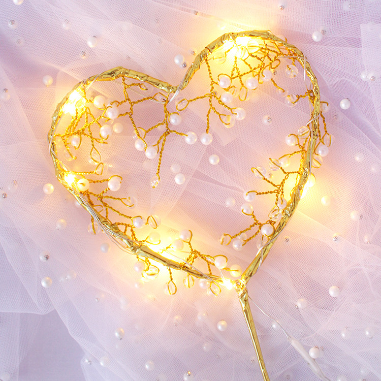烘焙甜品台装饰金色心形唯美浪漫创意珍珠水晶爱心蛋插牌插件