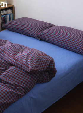 清爽不棉腻丨全棉色织水洗棉四件套纯棉床上蓝色床单红色格子被套