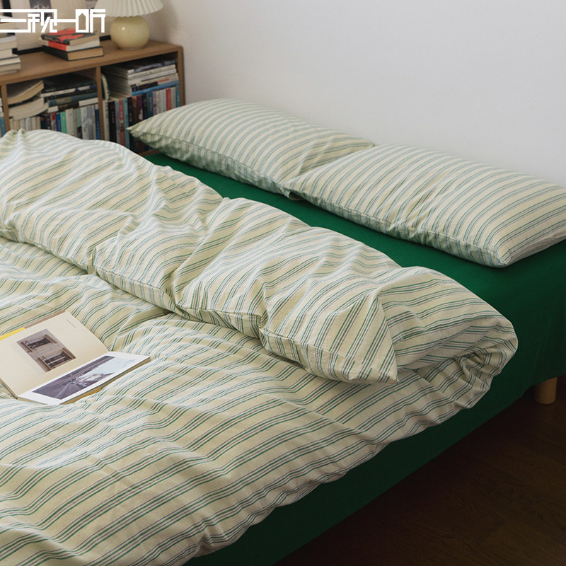 春上新丨色织无印全棉纯棉水洗棉四件套文艺风床上床单条纹被套