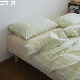 色织非印染 全棉水洗棉四件套纯棉条纹床上床品套件春夏床单被套