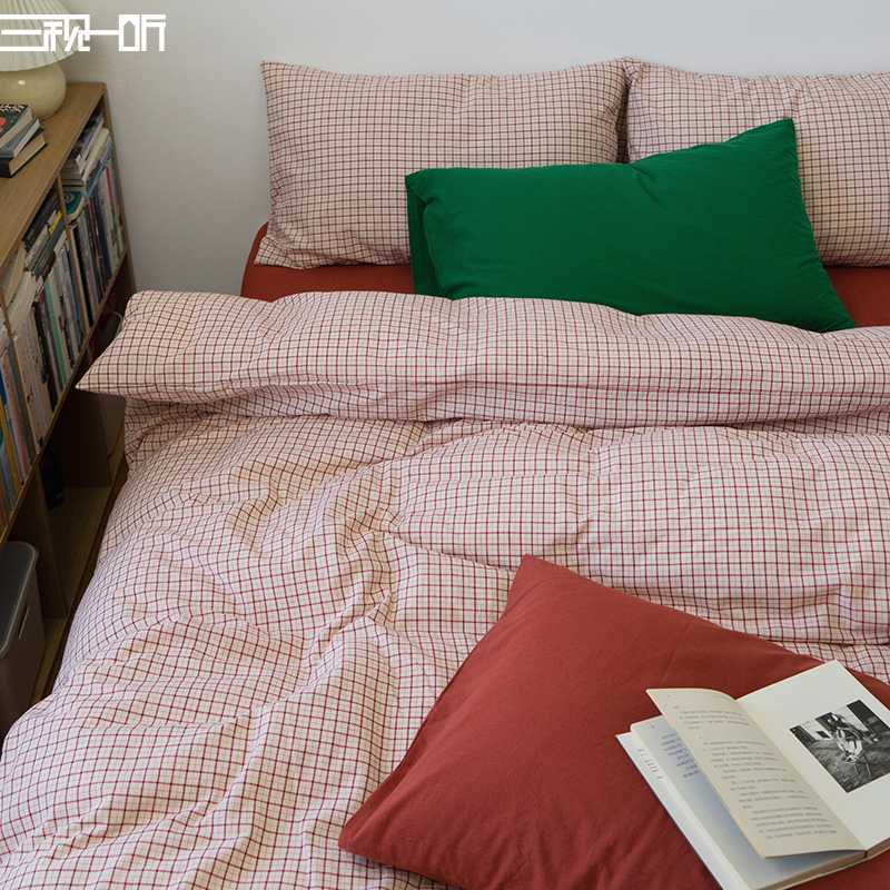 文艺风红绿撞色丨全棉色织水洗棉四件套丨纯棉床上床单被套六件套