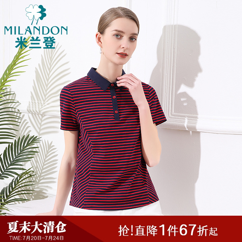 米兰登中老年妈妈装夏季新款时尚翻领条纹T恤女短袖纯棉上衣薄款