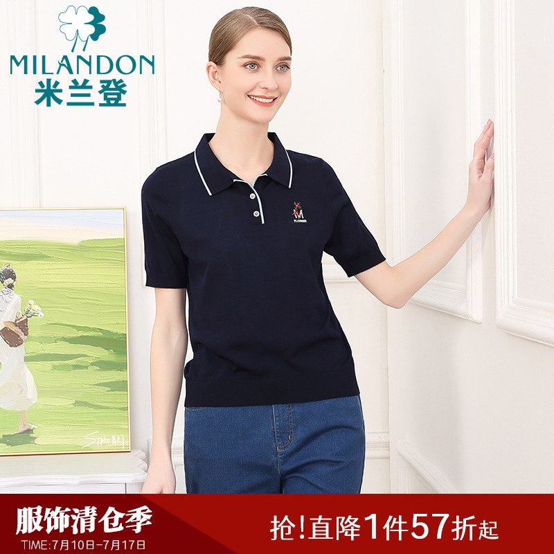 米兰登中老年妈妈的夏季新款时尚POLO领针织衫女短袖上衣休闲薄款