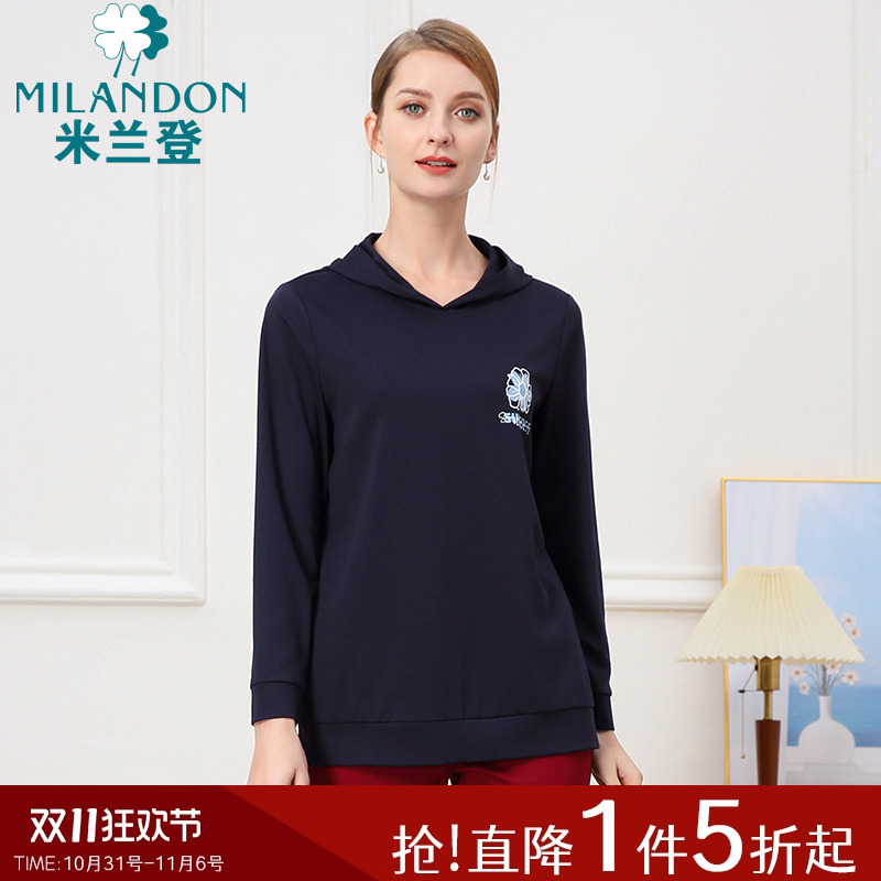 米兰登中老年妈妈装休闲连帽卫衣女春秋季新款长袖套头印花针织衫