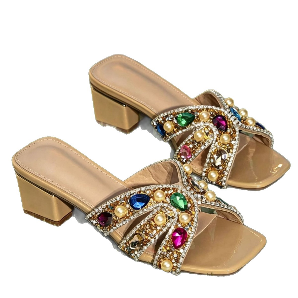 跨境时尚高跟凉鞋新款合脚舒适粗跟大码水钻百搭中跟方头休闲凉拖