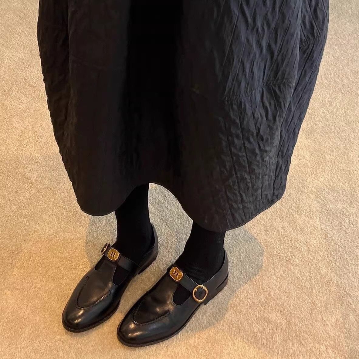 软皮版~复古英伦金属扣乐福鞋百搭通勤T字扣带平底玛丽珍女小皮鞋