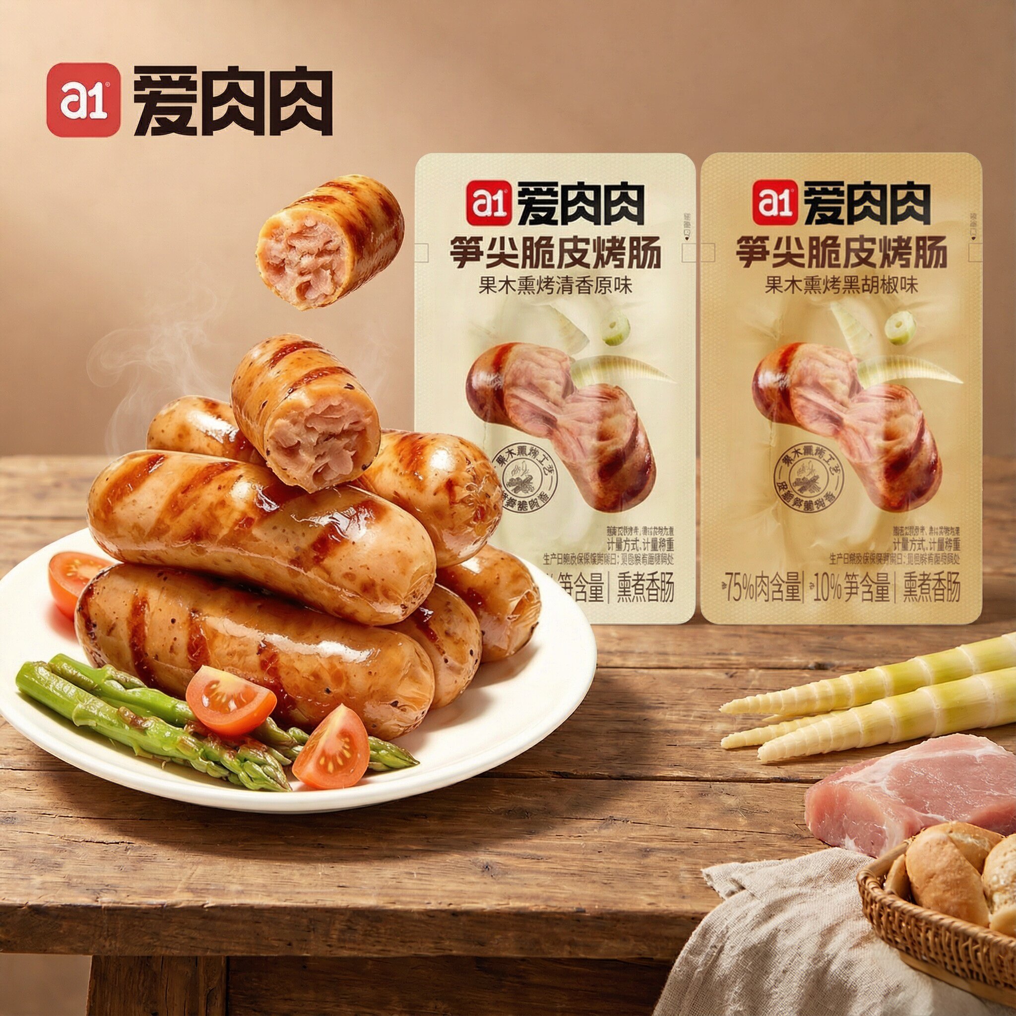 a1爱肉肉笋尖脆皮烤肠原味鸡肉肠熏烤黑胡椒开袋即食解馋休闲零食