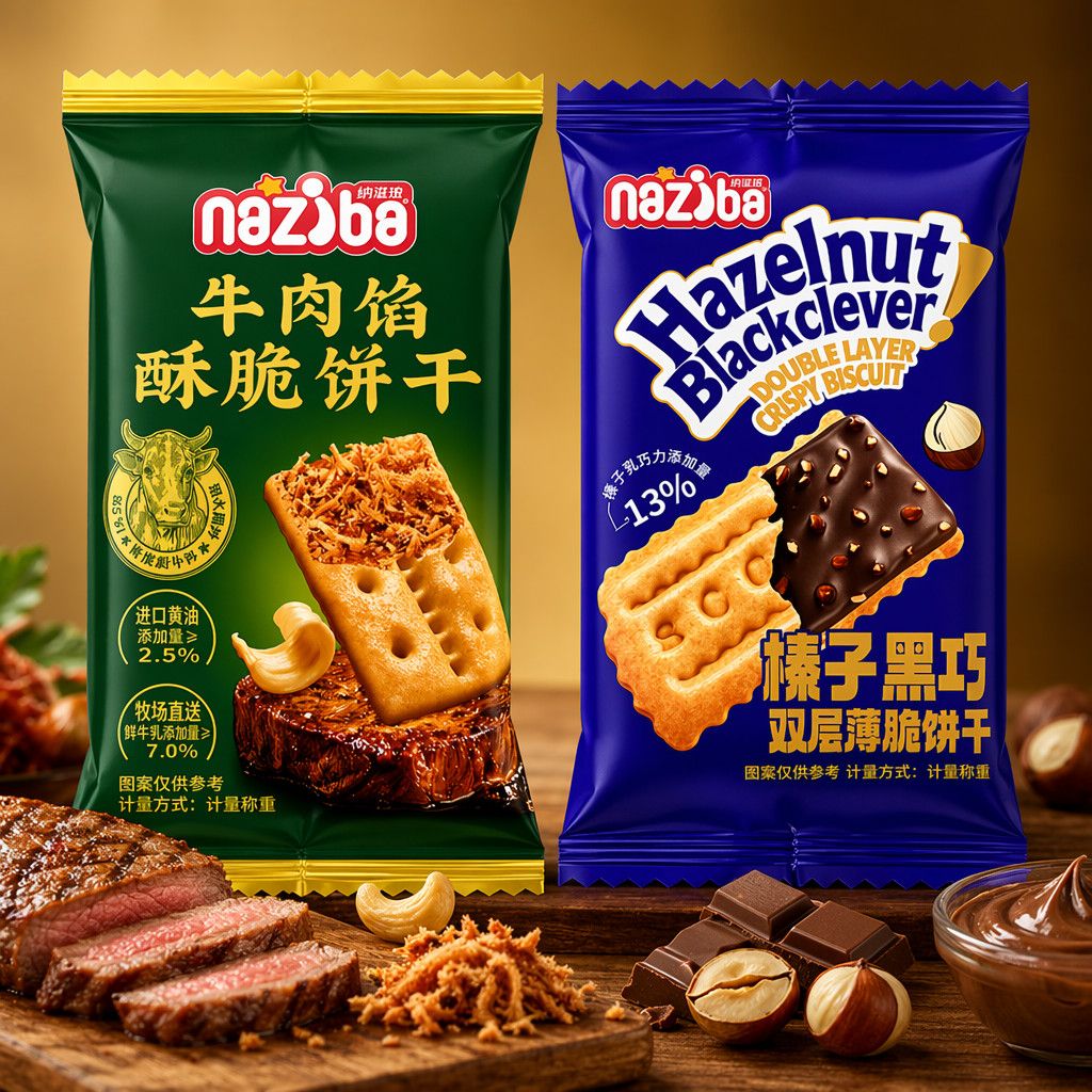 纳滋宝牛肉馅酥脆饼干榛子黑巧双层薄脆饼网红休闲解馋小吃零食品
