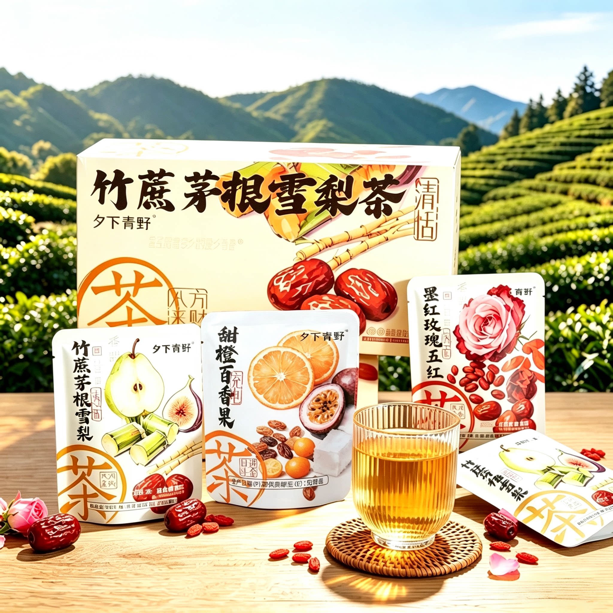 夕下青野竹蔗茅根雪梨茶墨红玫瑰五红茶独立包装冲泡即饮清甜茶包