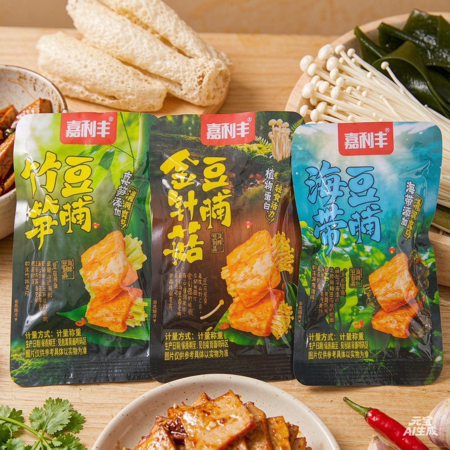 嘉利丰海带竹笋金针杏鲍鹿茸菇豆腐豆卷蔬菜素肉解馋追剧零食小吃