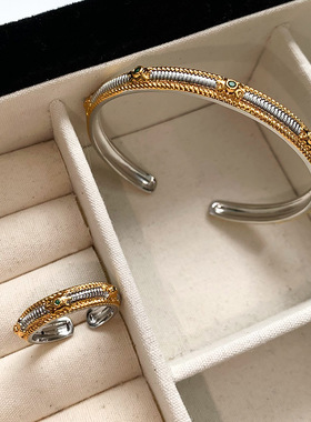 中古拉丝金银色祖母绿色钻手镯开口戒指女可调节轻奢设计小众精致