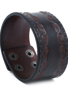 欧美跨境朋克复古牛皮手链百搭简约压印真皮手环义乌饰品