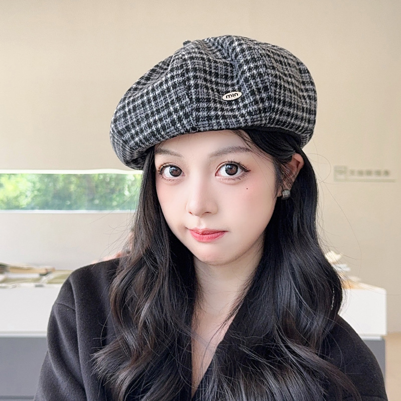 复古格纹贝雷帽子女秋冬季文艺英伦画家帽大头围显脸小百搭南瓜帽