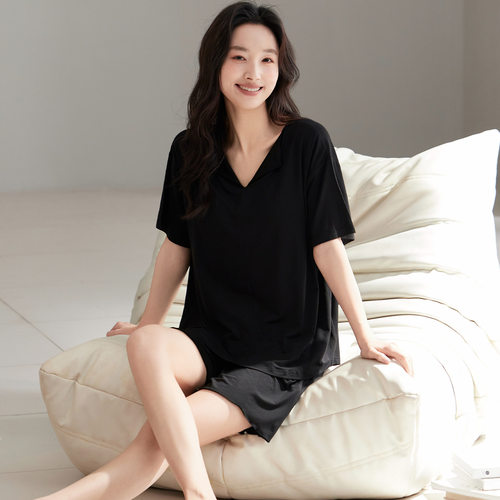 天丝莫代尔带胸垫睡衣女夏季短袖短裤V领套头亲肤舒适简约家居服