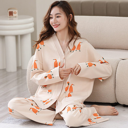 睡衣女纯棉长袖春秋季甜美女士套装秋冬款休闲和服领可外出家居服