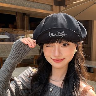 小花字母日系翻檐八角帽春夏软檐气质画家帽复古遮阳报童贝雷帽子