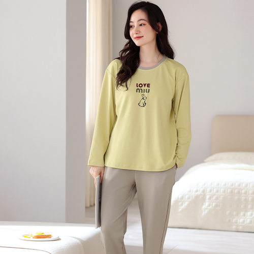 带胸垫一体睡衣女春秋款秋季纯棉长袖家居服夏季薄款圆领套头