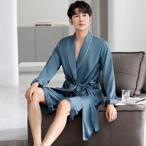 夏季男士睡袍冰丝薄款仿真丝绸睡衣长袖套装春秋季浴袍浴衣中长款