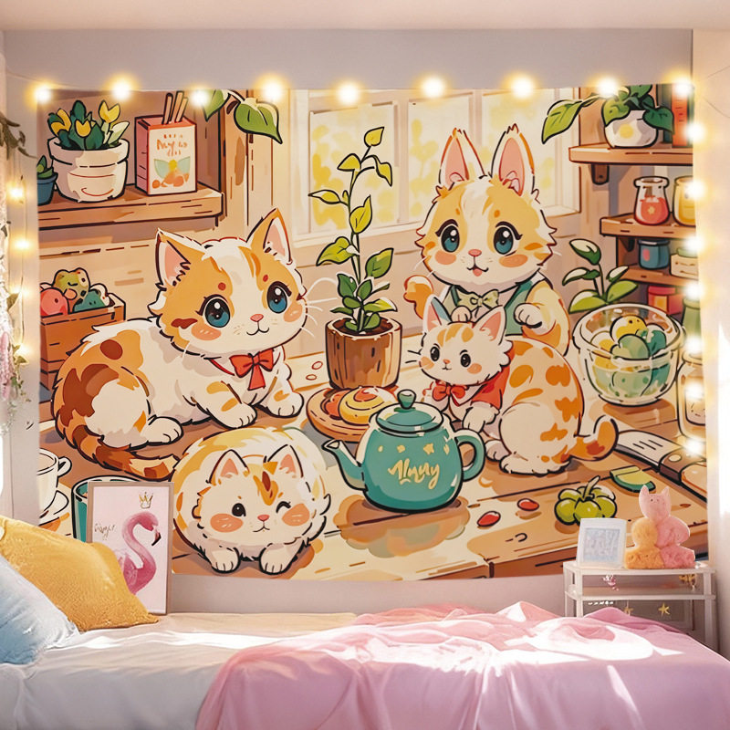 粉色治愈卡通插画挂布ins风背景布卧室床头装饰画布墙壁遮丑布,居家布艺,挂毯/壁毯,淘宝优惠券,粉丝福利购,淘宝优惠卷