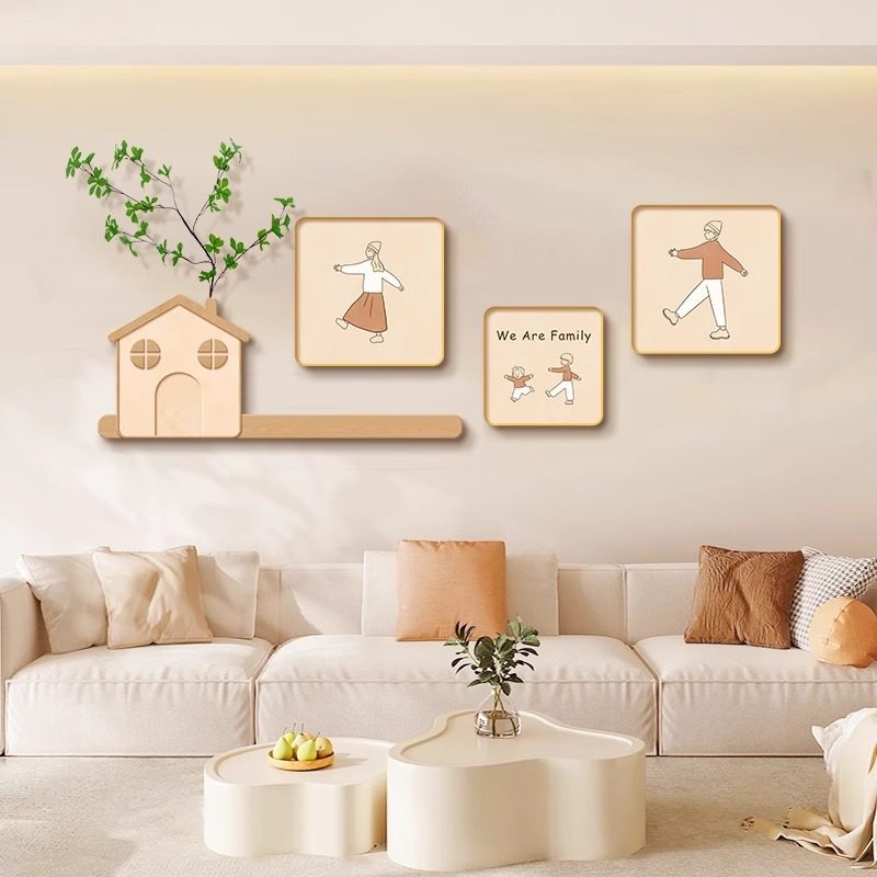 原木风客厅装饰画一家三口四口组合挂画温馨感现代沙发背景墙壁画,家居饰品,现代装饰画,淘宝优惠券,粉丝福利购,淘宝优惠卷