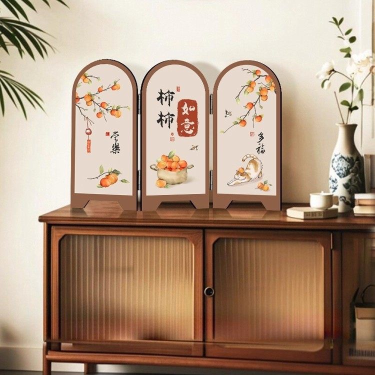 新中式桌面屏风摆件柿柿如意新年喜庆装饰布置客厅电视柜玄关摆画,家居饰品,桌面摆台画,淘宝优惠券,粉丝福利购,淘宝优惠卷