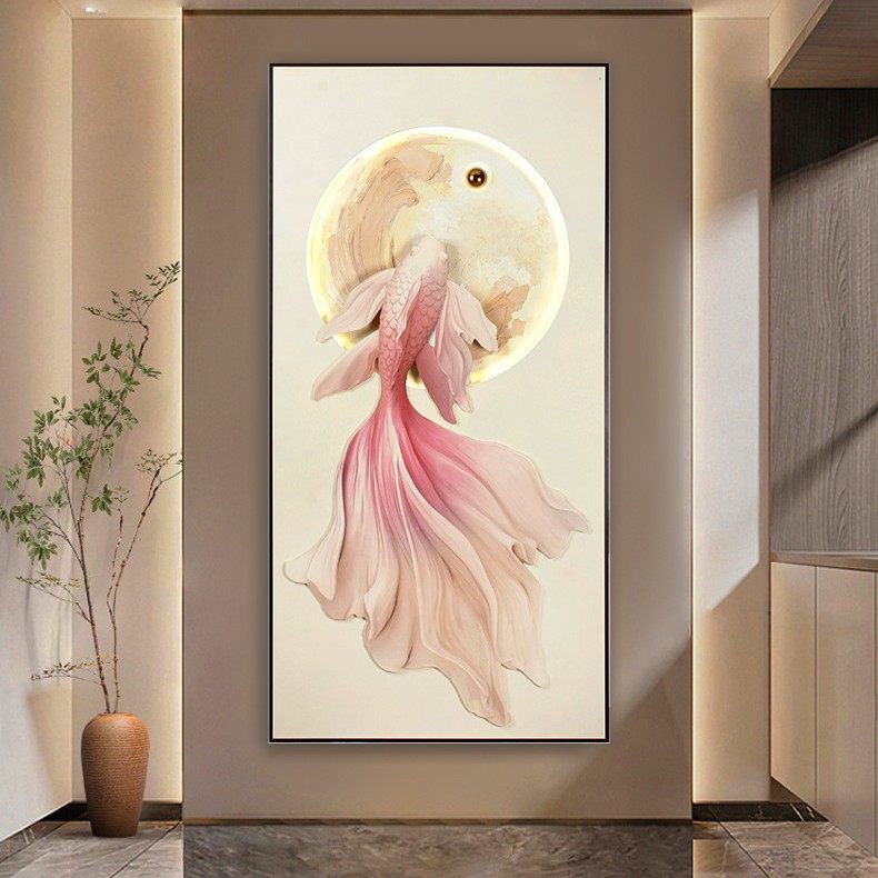 奶油风立体砂岩画锦鲤玄关装饰画led氛围灯画高档入户正对门挂画,家居饰品,氛围画/灯画,淘宝优惠券,粉丝福利购,淘宝优惠卷