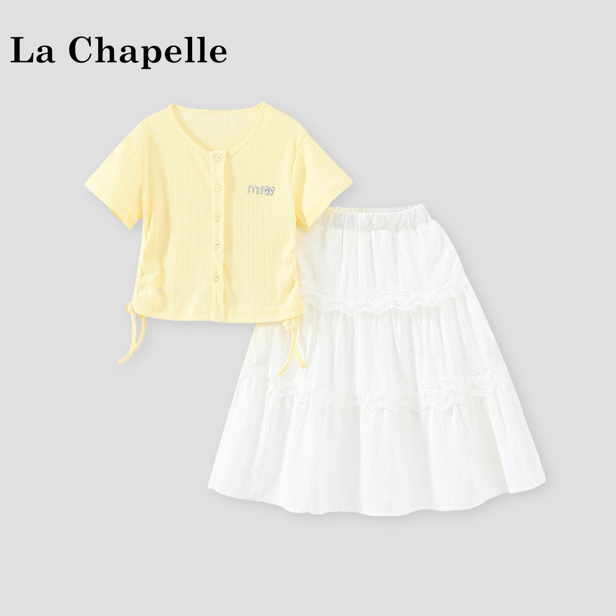 拉夏贝尔女童夏季套装2026新款洋气儿童衣服女孩短袖开衫半身裙子