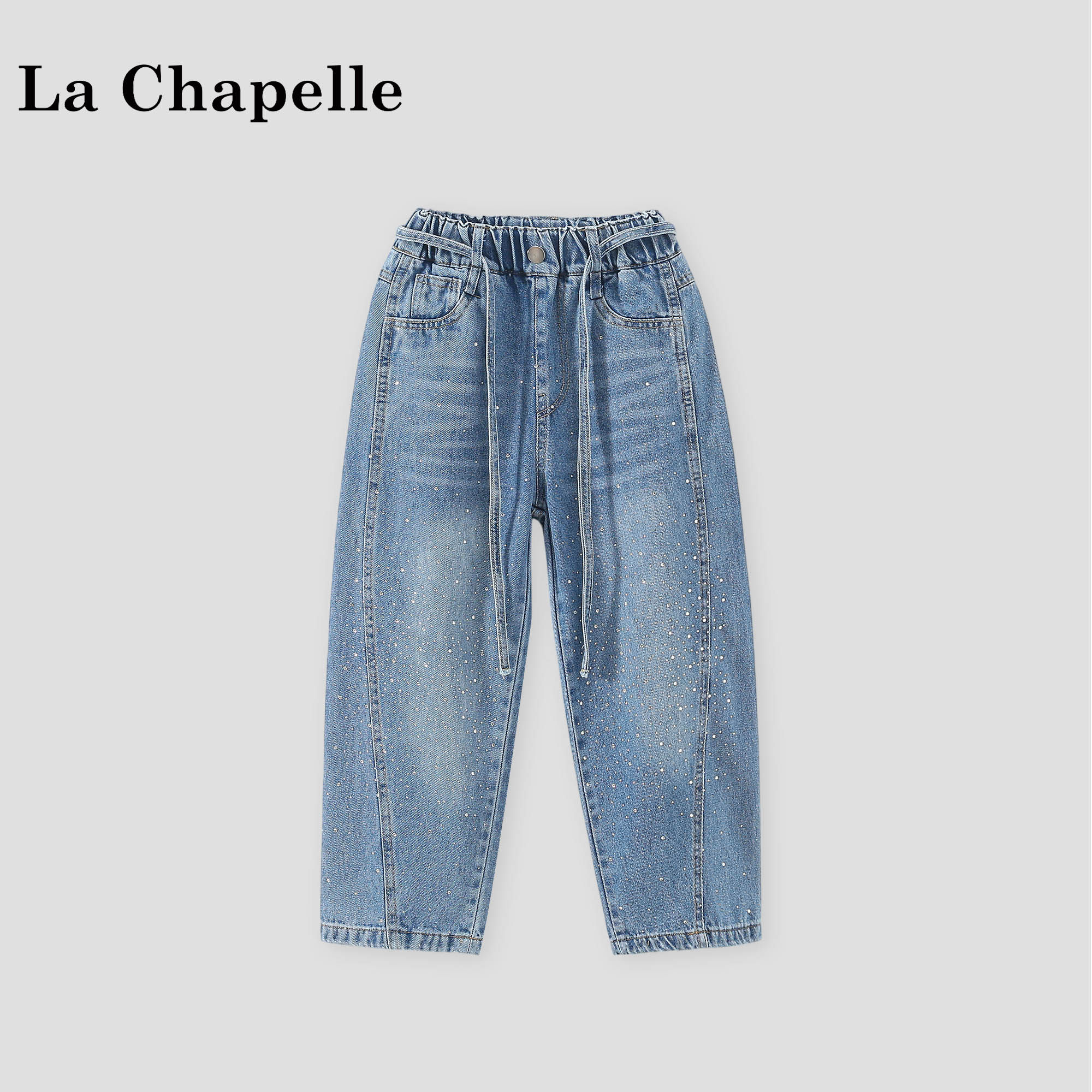 拉夏贝尔女童烫钻牛仔裤2026新款儿童春装裤子女孩外穿休闲阔腿裤