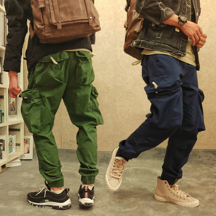 石头家户外大口袋拼接 弹力腰军绿时尚潮流 工装街头缩口长裤子男