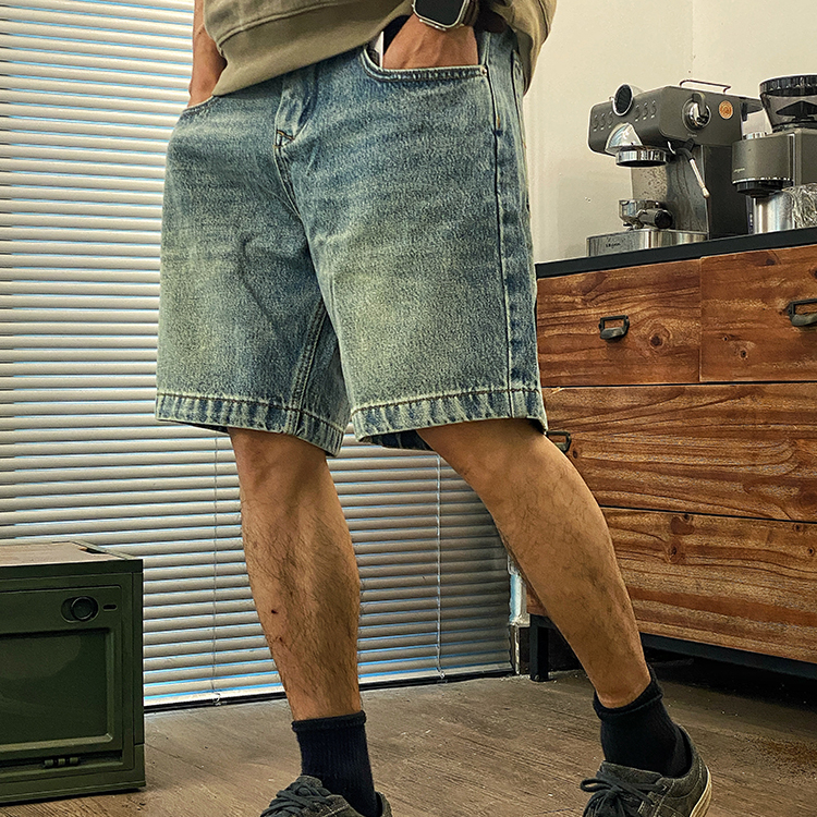夏季美式复古牛仔短裤纯棉水洗 做旧宽松直筒 休闲五分裤男款猫须