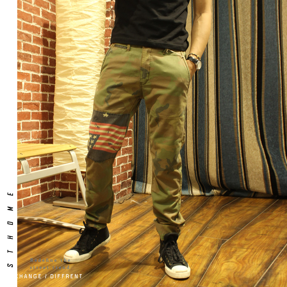 石頭家 經典男士款 嘻哈硬漢星條旗國旗 貼布拼接敞直筒迷彩長褲在類目 男裝, 休閒褲中 - 來自Buy2taobao.com提供專業的淘寶代購服務