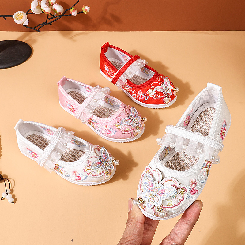 汉服绣花鞋女童老北京马面裙鞋古风民族风儿童布鞋古装公主鞋鞋子