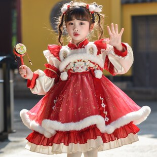 拜年服女童冬装2026新款加绒儿童红色国风公主裙汉服女孩过年衣服